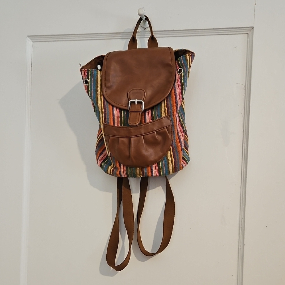 Colorful Striped Small Backpack with Brown Faux Leather Accents